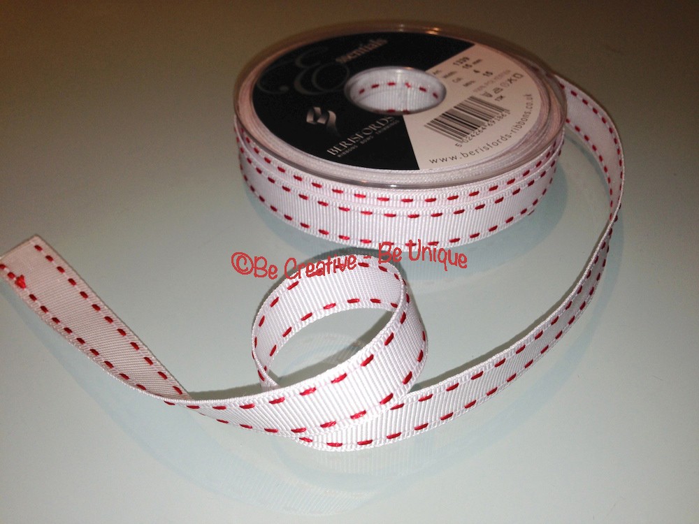 Saddle Stitch Grosgrain Ribbon - White/Red