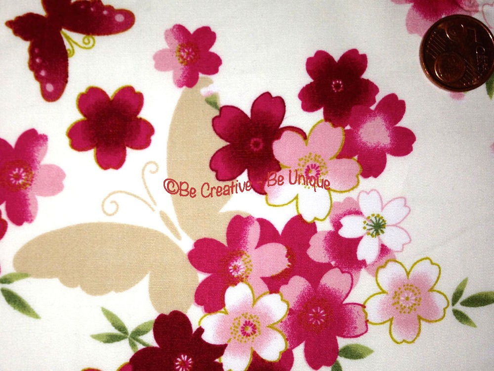 Cotton Poplin - Butterflies & Flowers - Rose