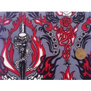 Cotton Poplin - Flaming Skulls And Roses Floral With Swords  - Grey